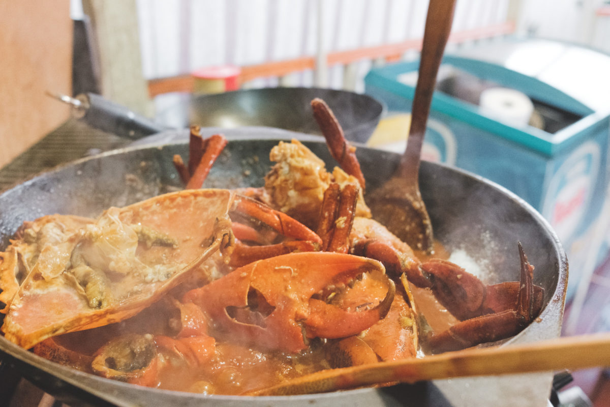 A wok of chili crabs